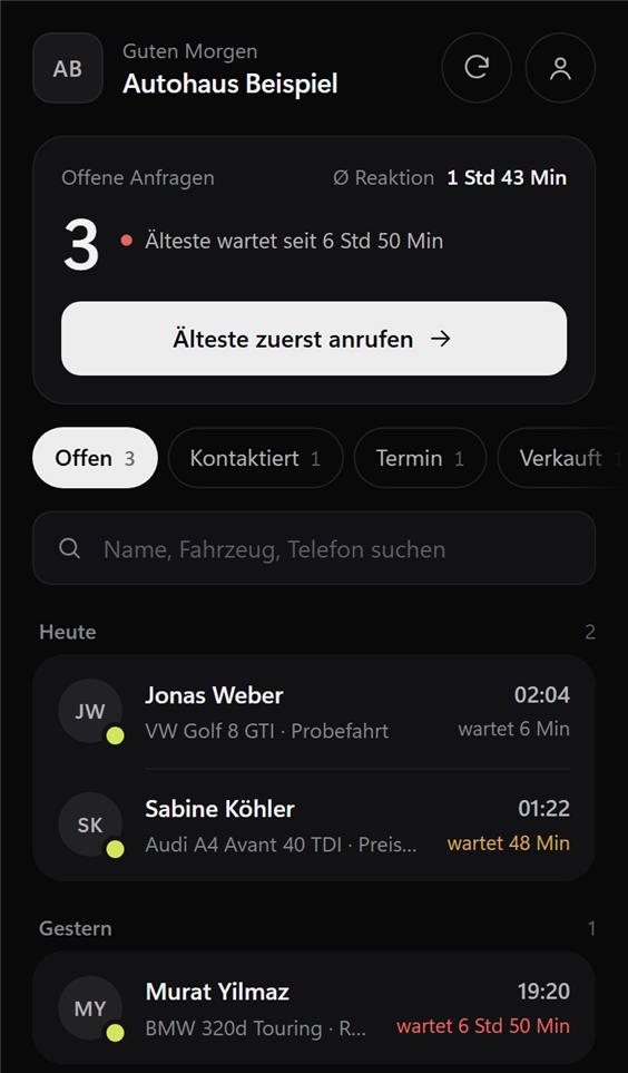 Lead Manager auf dem Handy: Anfrage-Karten mit Anrufen-Knopf